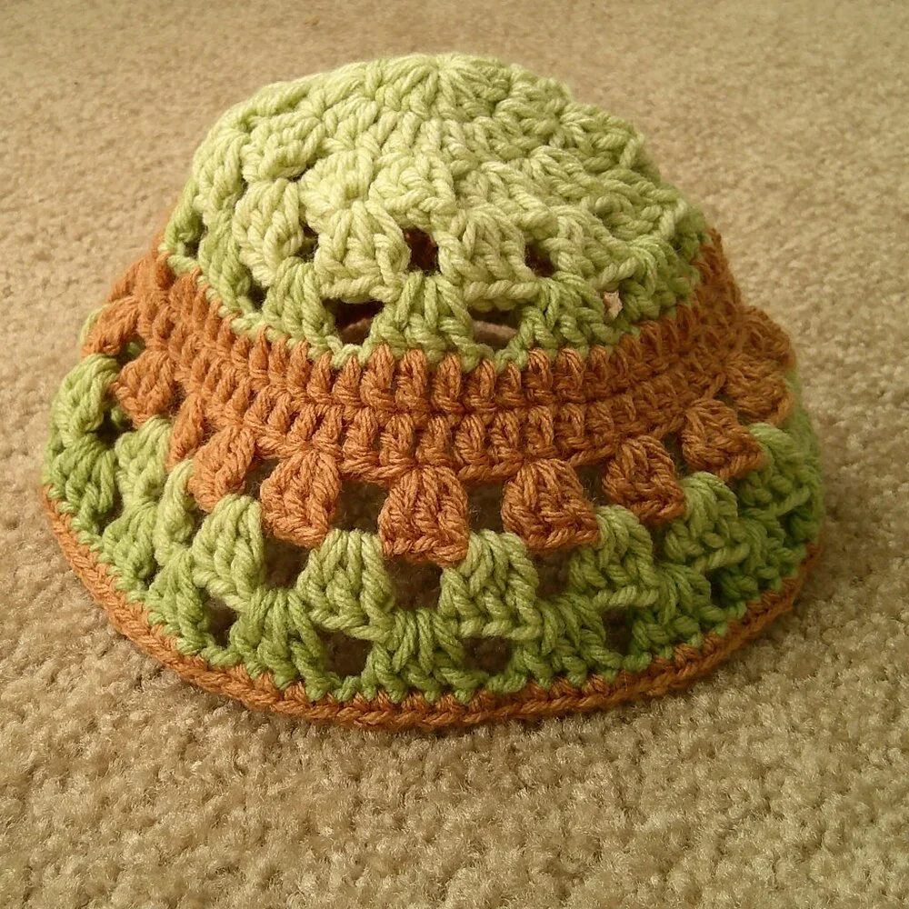Handmade Crochet Beanie Hat Mint Green and Brown Girls